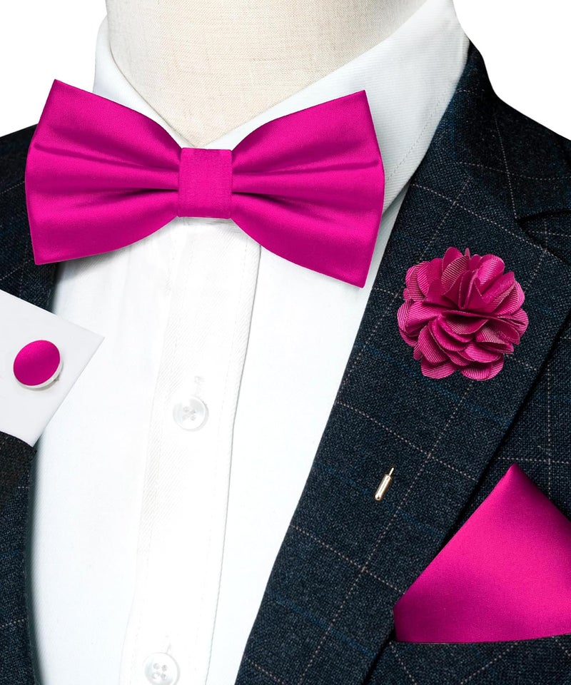 RBOCOTT Solid Color Bow Tie and Pocket Square with Lapel Pin Cufflinks Set 4PCS - Image 2